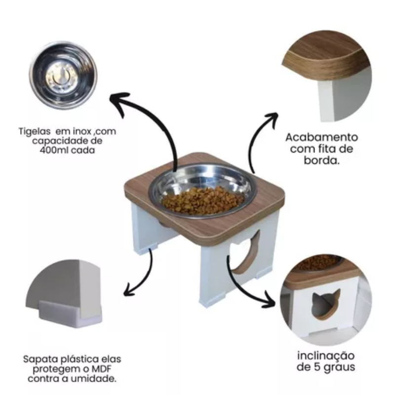 Comedouro Ergonômico Elevado Porcelana & Inox